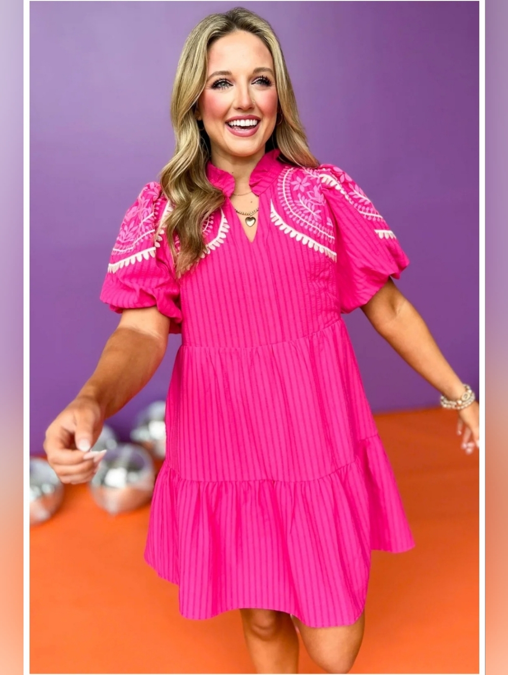Bright Pink Embroidered Puff-Sleeve Tiered Dress